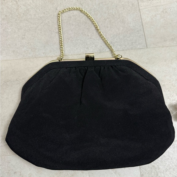 Vintage black fabric, metal frame chain strap evening bag purse Montgomery Ward - Picture 2 of 10